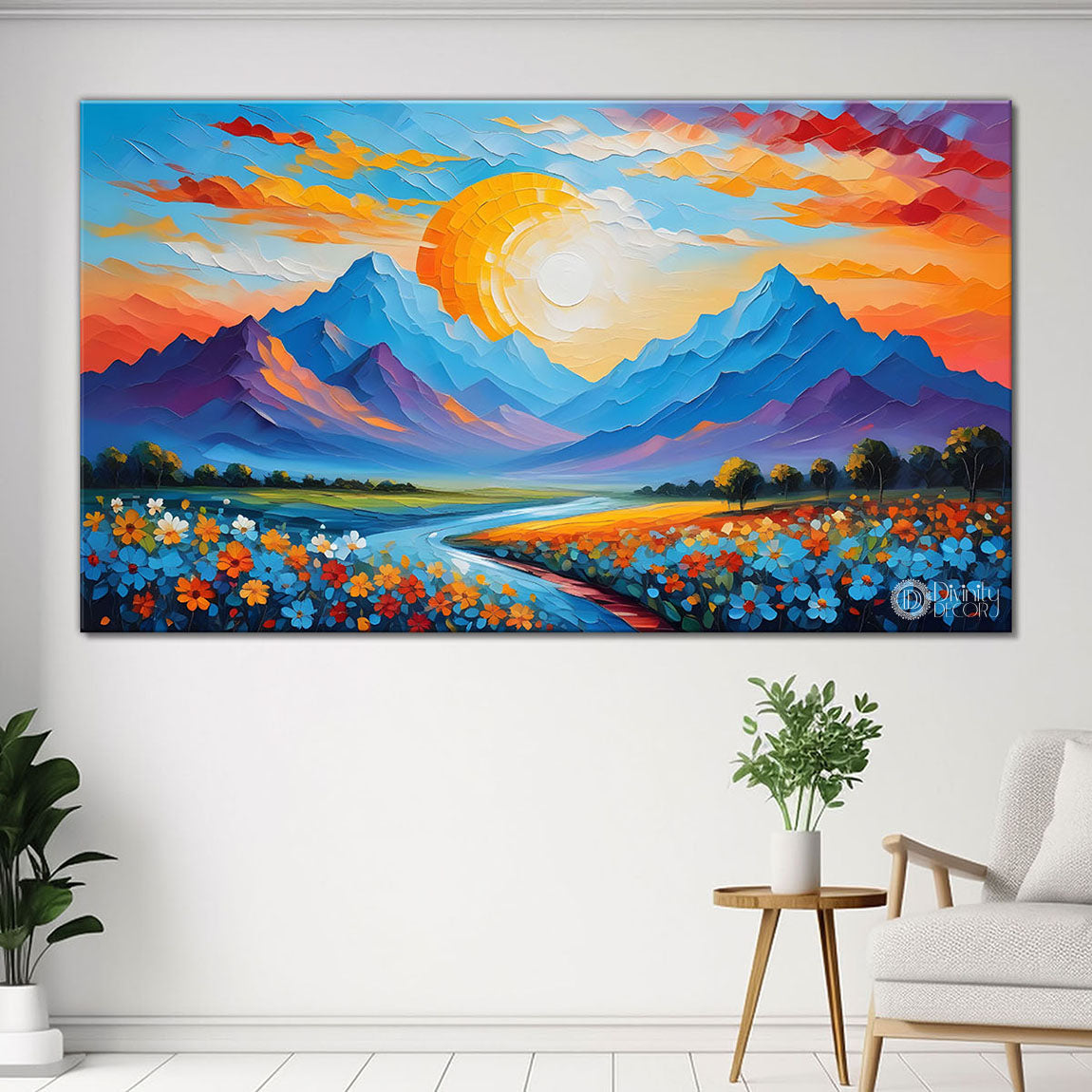 Mountains and sunset in textured water color painting Canvas Painting - Nature Art -315