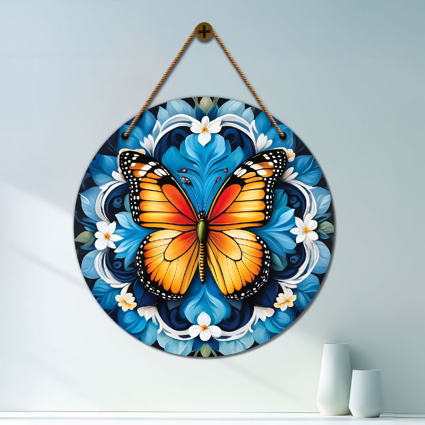 Butterfly in blue and orange mandala Round Wooden Wall Hanging for wall Décor - Design - 316