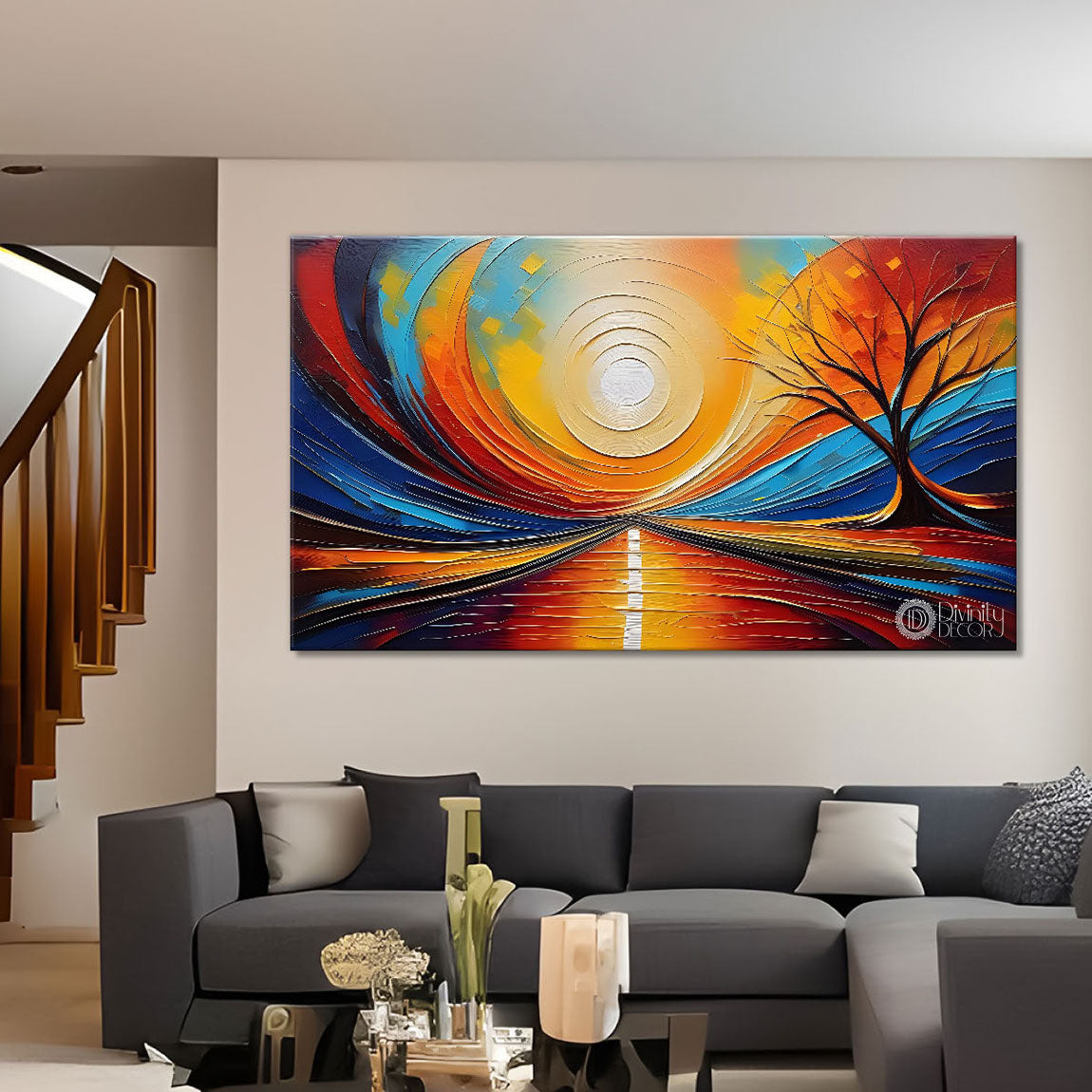 Sun with colorful background textured modern art Canvas Painting - Design - Modern-L-316