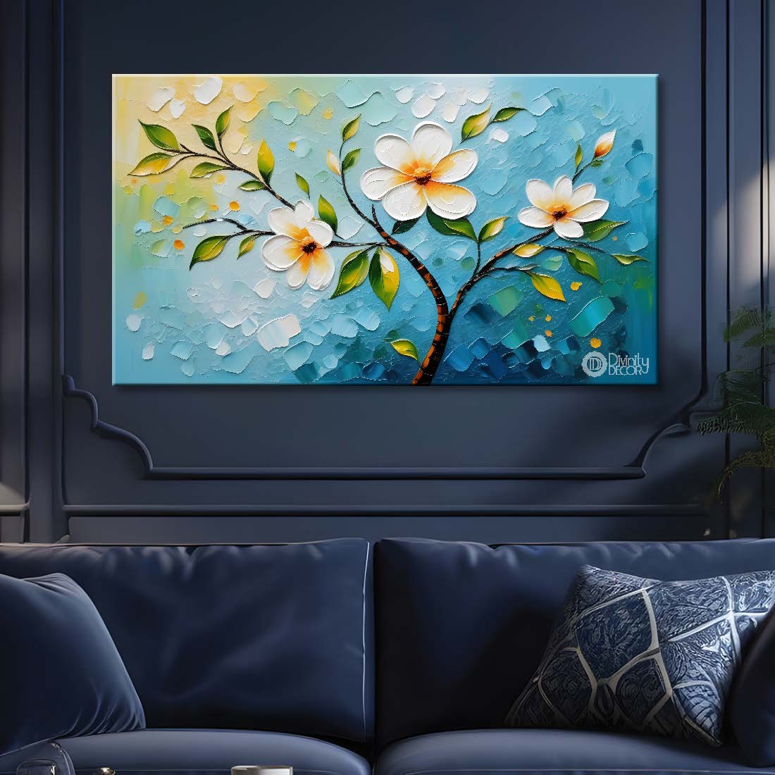 White flowers in blue background canvas painting- Flower-316