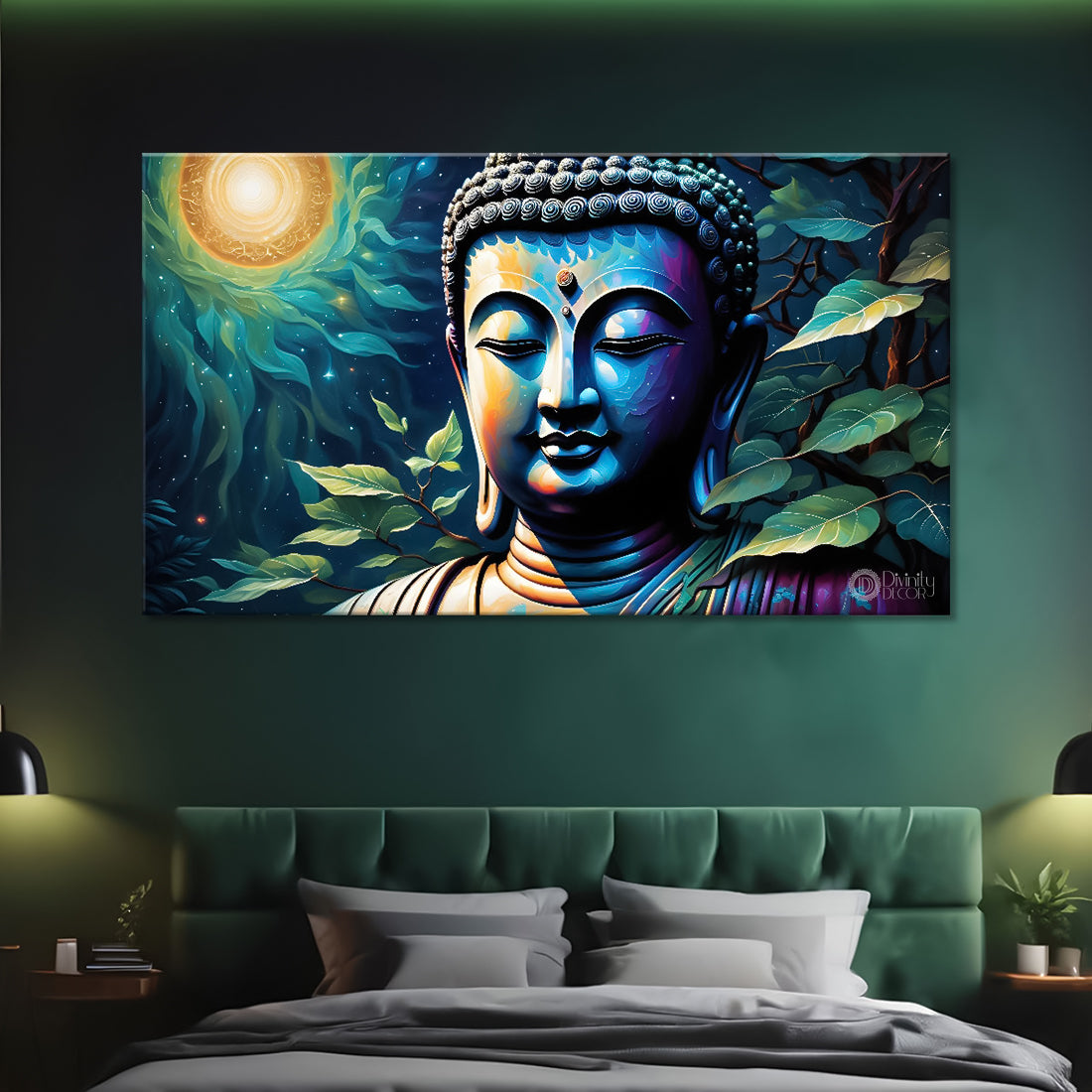 Blue buddha with the blue and sun background textured painting Canvas Wall Painting - Buddha-317