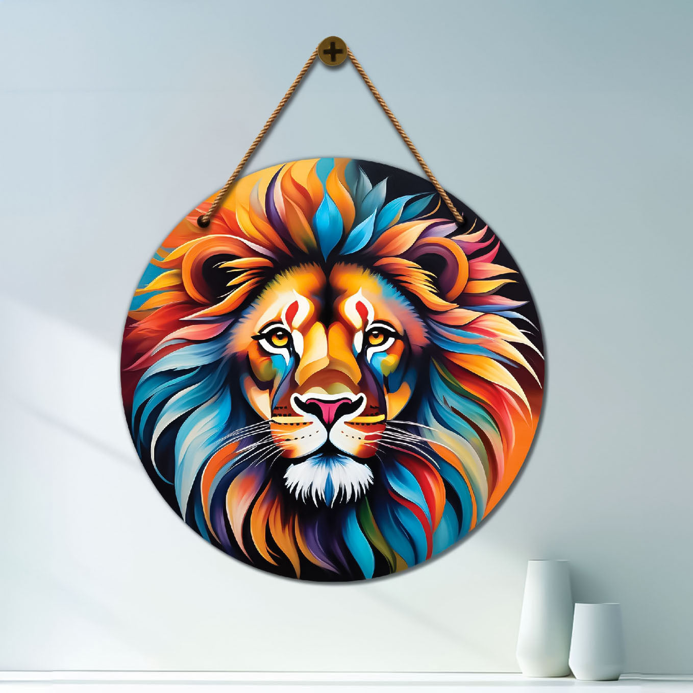 Lion in colourful mandala Round Wooden Wall Hanging for wall Décor - Design - 317