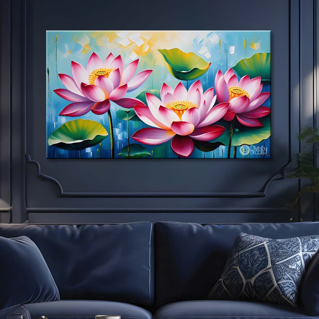 Pink flowers in blue background canvas painting- Flower-317