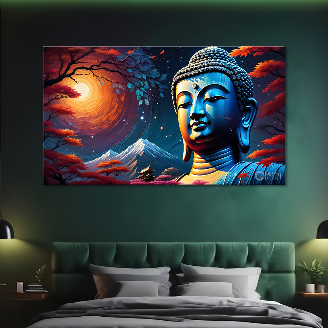 Blue buddha with the blue and sun background textured painting Canvas Wall Painting - Buddha-318