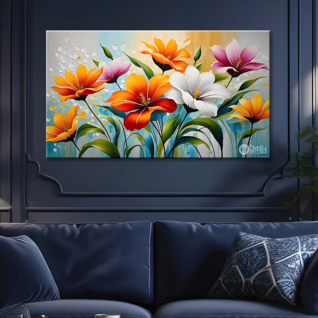 White and orange flowers in blue background canvas painting- Flower-318