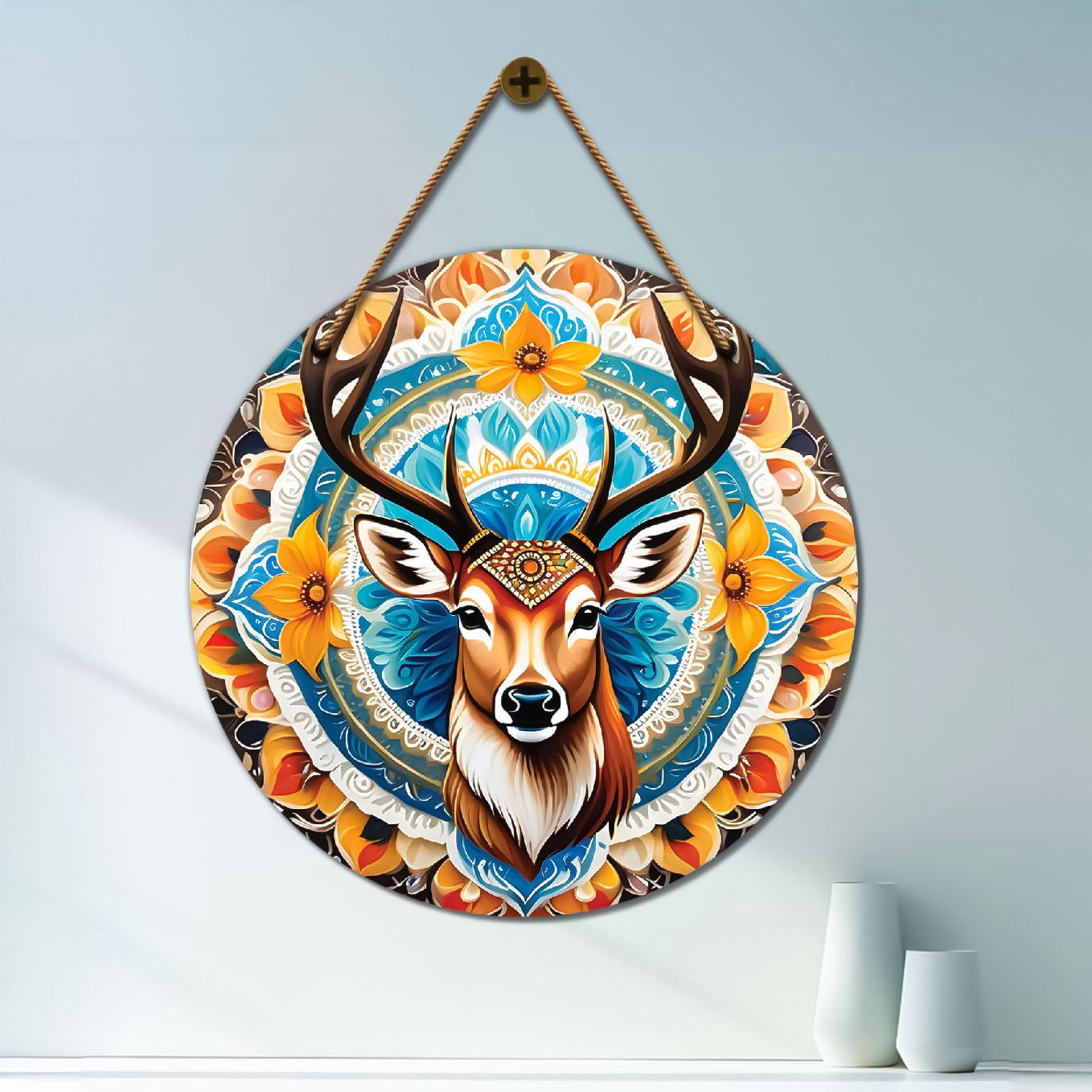 Deer in blue and floral mandala Round Wooden Wall Hanging for wall Décor - Design - 318