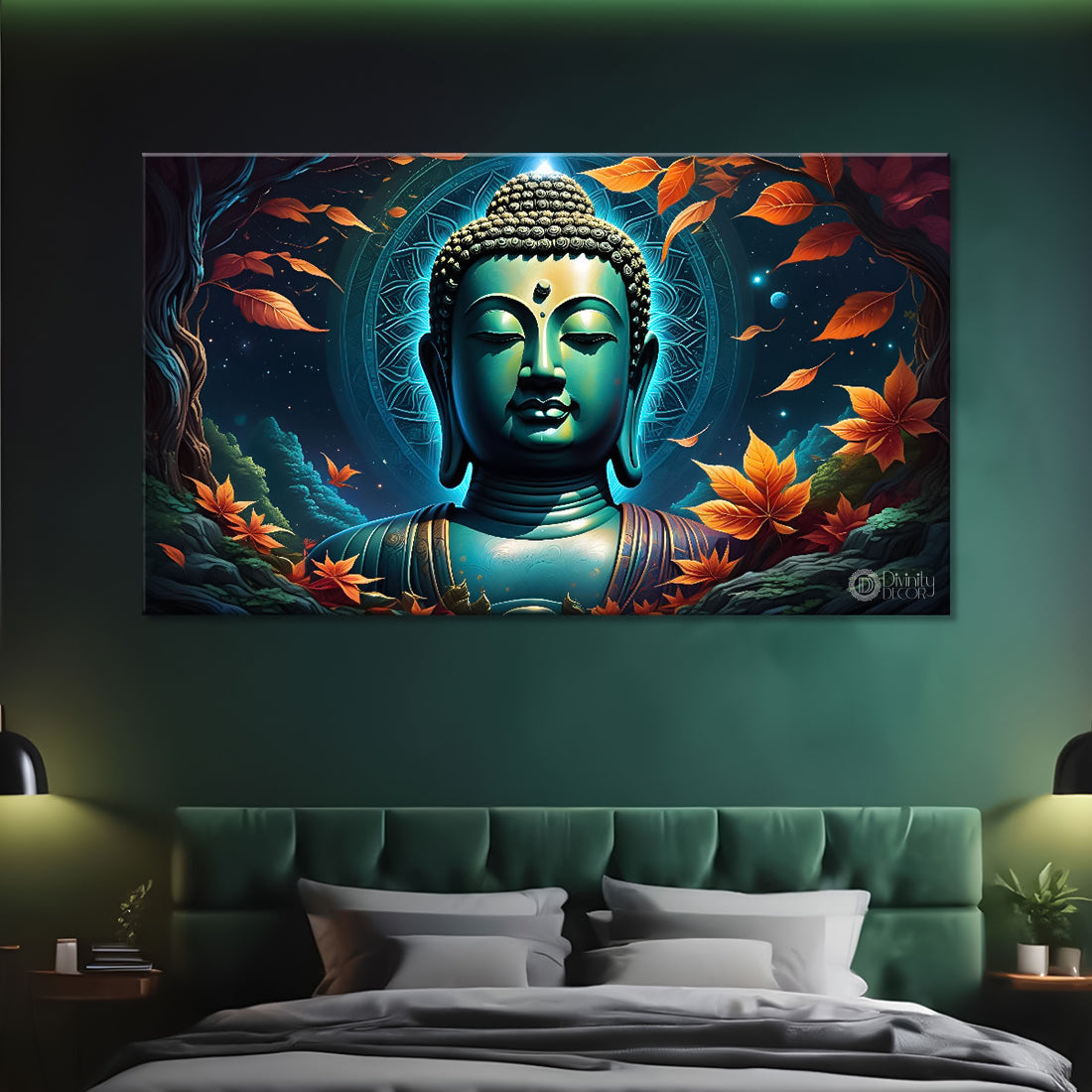 Blue buddha with the blue and leaves background textured painting Canvas Wall Painting - Buddha-319