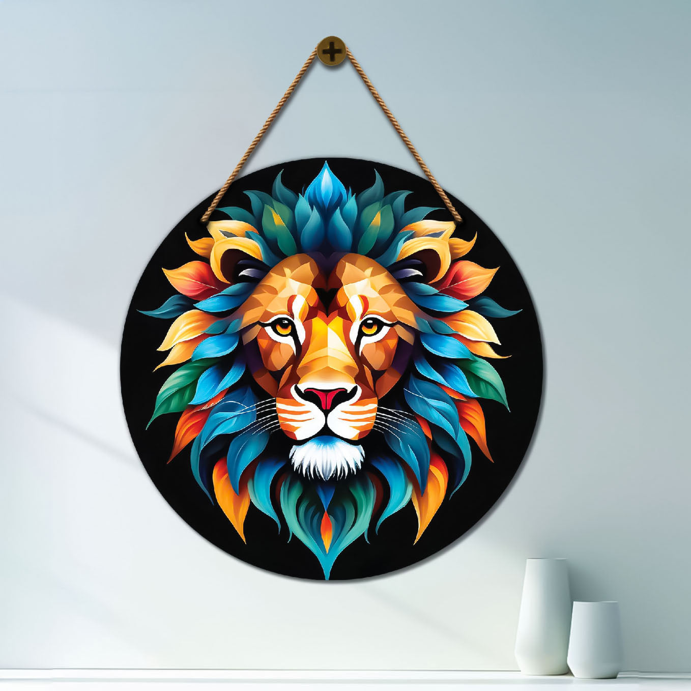 Lion in colourful mandala Round Wooden Wall Hanging for wall Décor - Design - 319