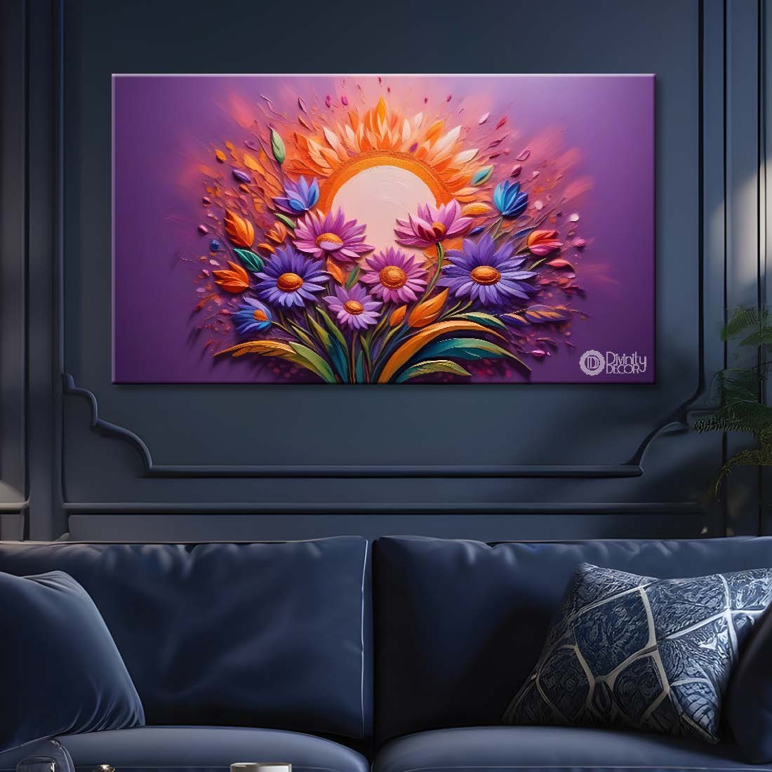 Purple and pink flowers with the sun and pink background canvas painting- Flower-319
