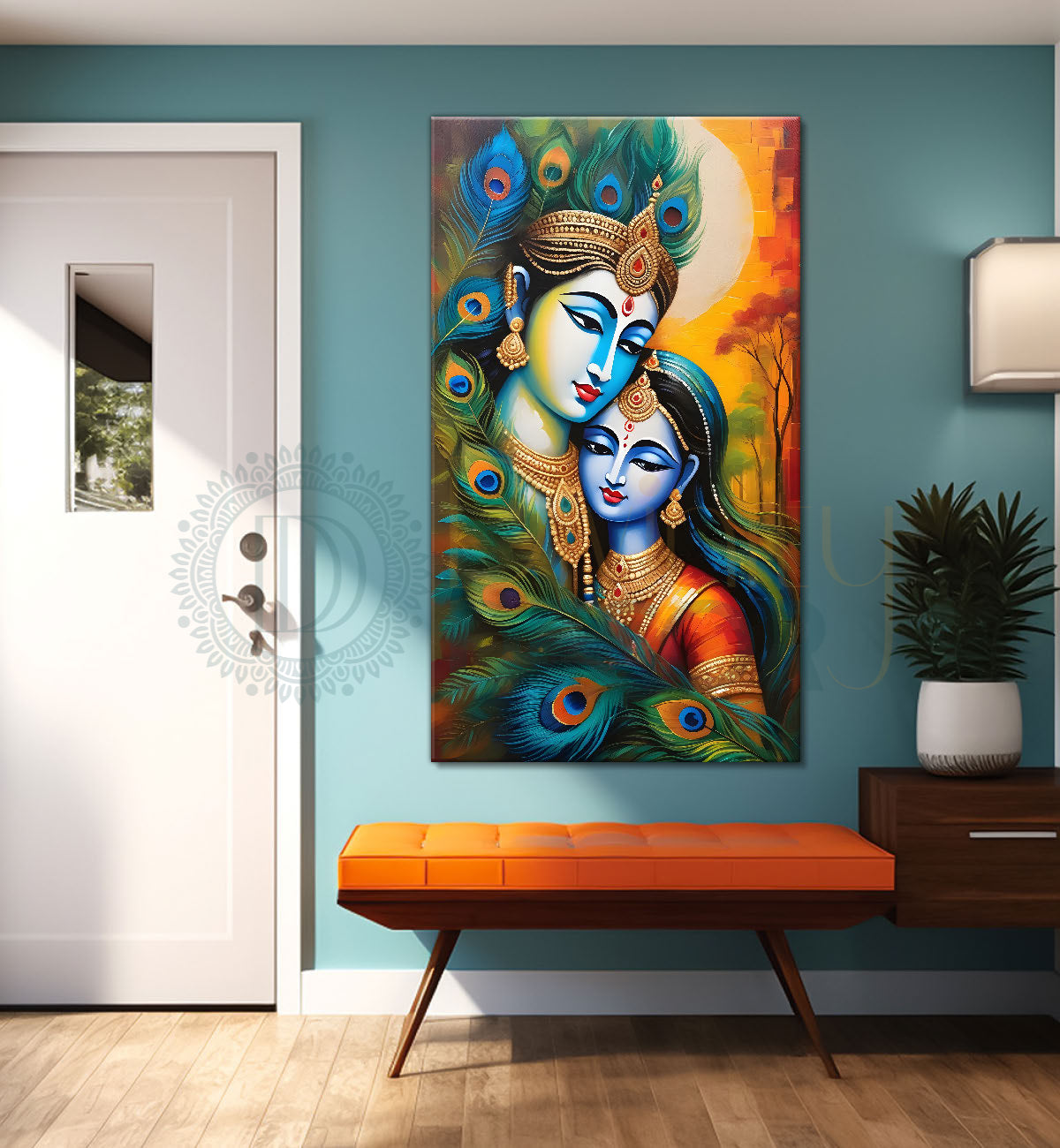 Blue face of krishna with radha in peacock feathers background textured art  Canvas Painting - Design - Krishna-V-31