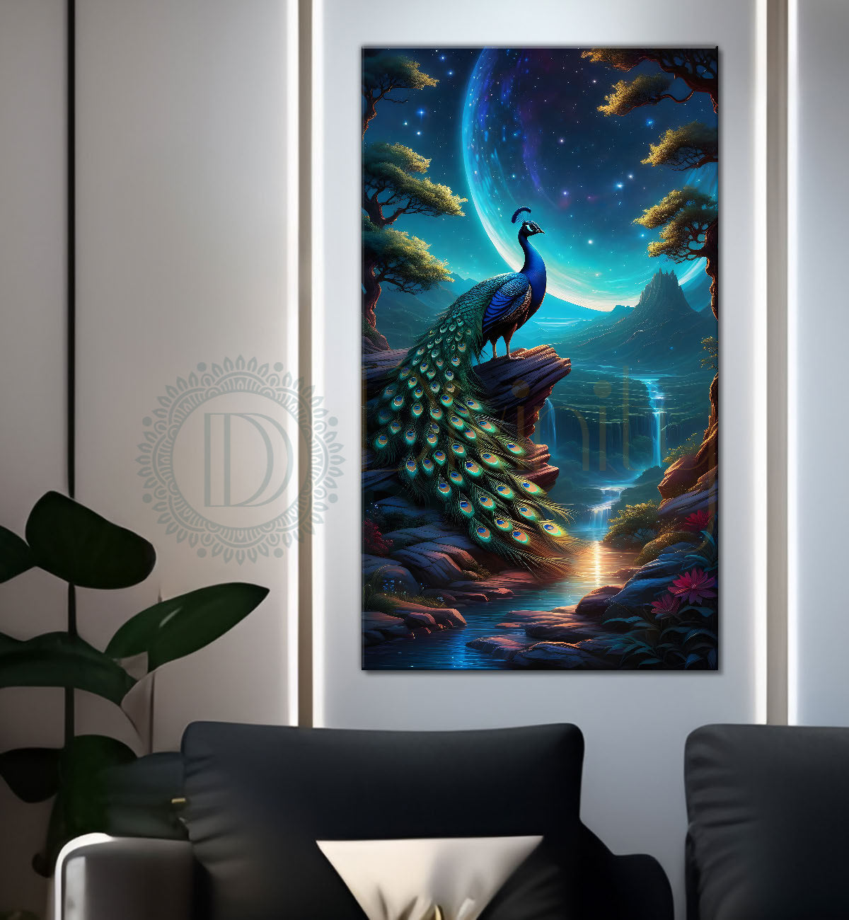 Peacock in front of moon with blue background modern art painting - Design - Peacock-V-31