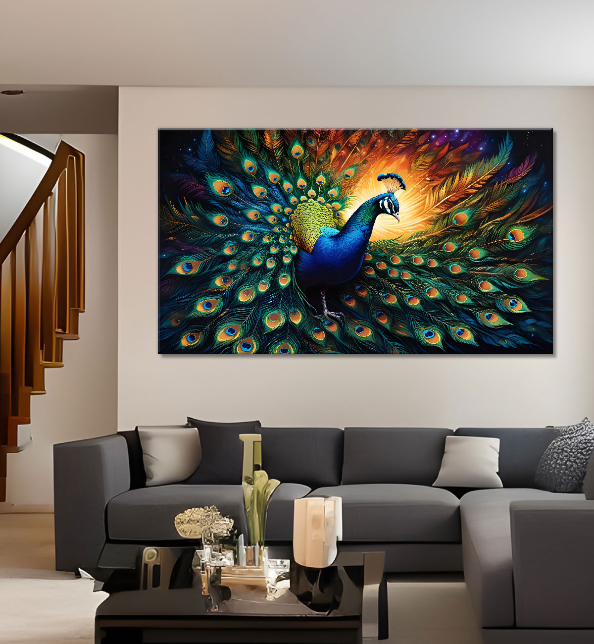 Peacock in bright colors oil painting Canvas Painting - Design - Peacock-31