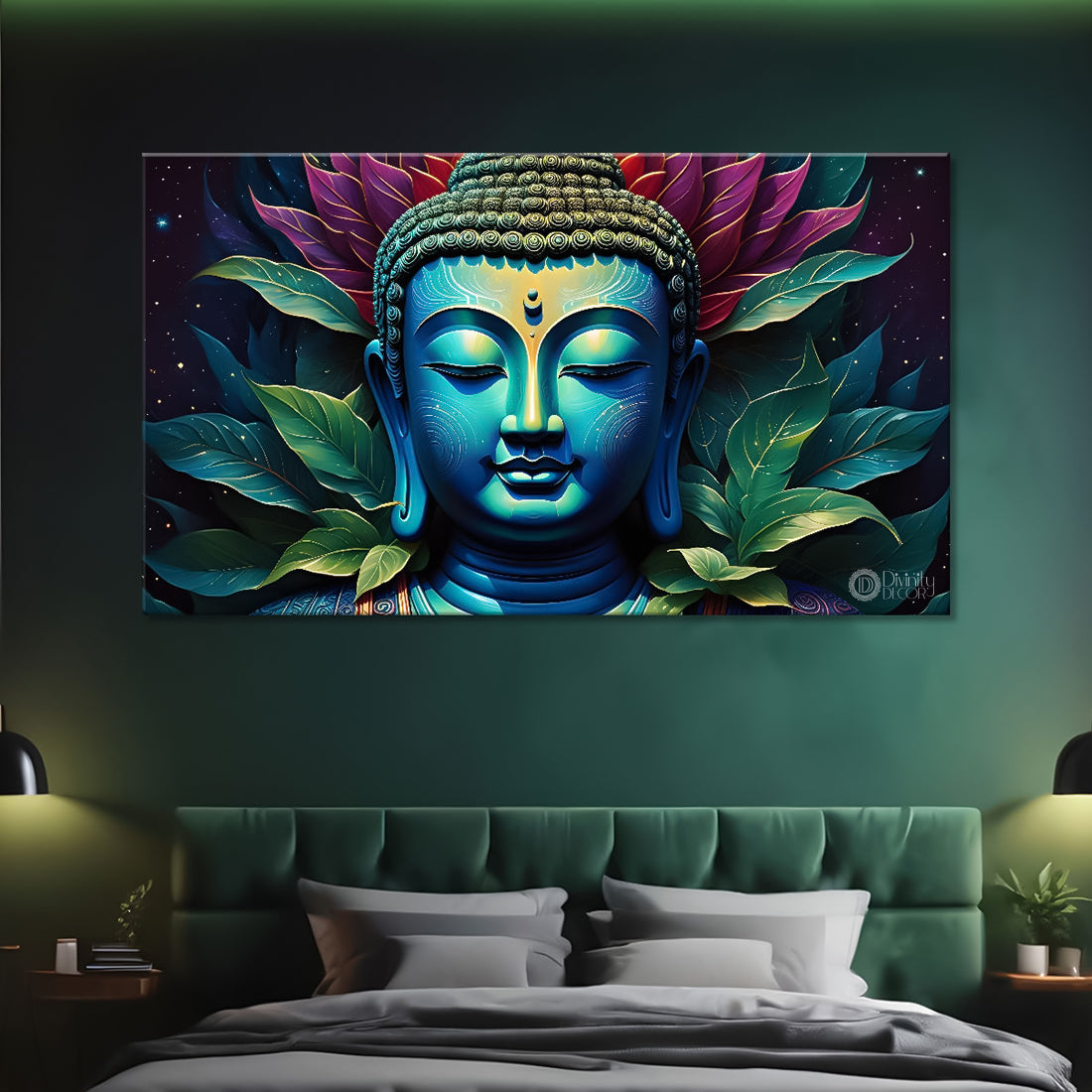 Blue buddha with the blue and leaves background textured painting Canvas Wall Painting - Buddha-320