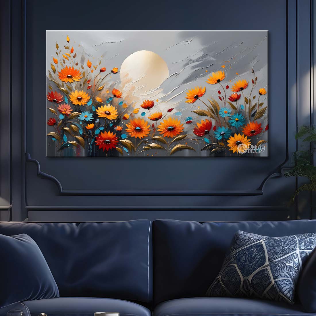 Orange flowers with the moon and grey background canvas painting- Flower-320