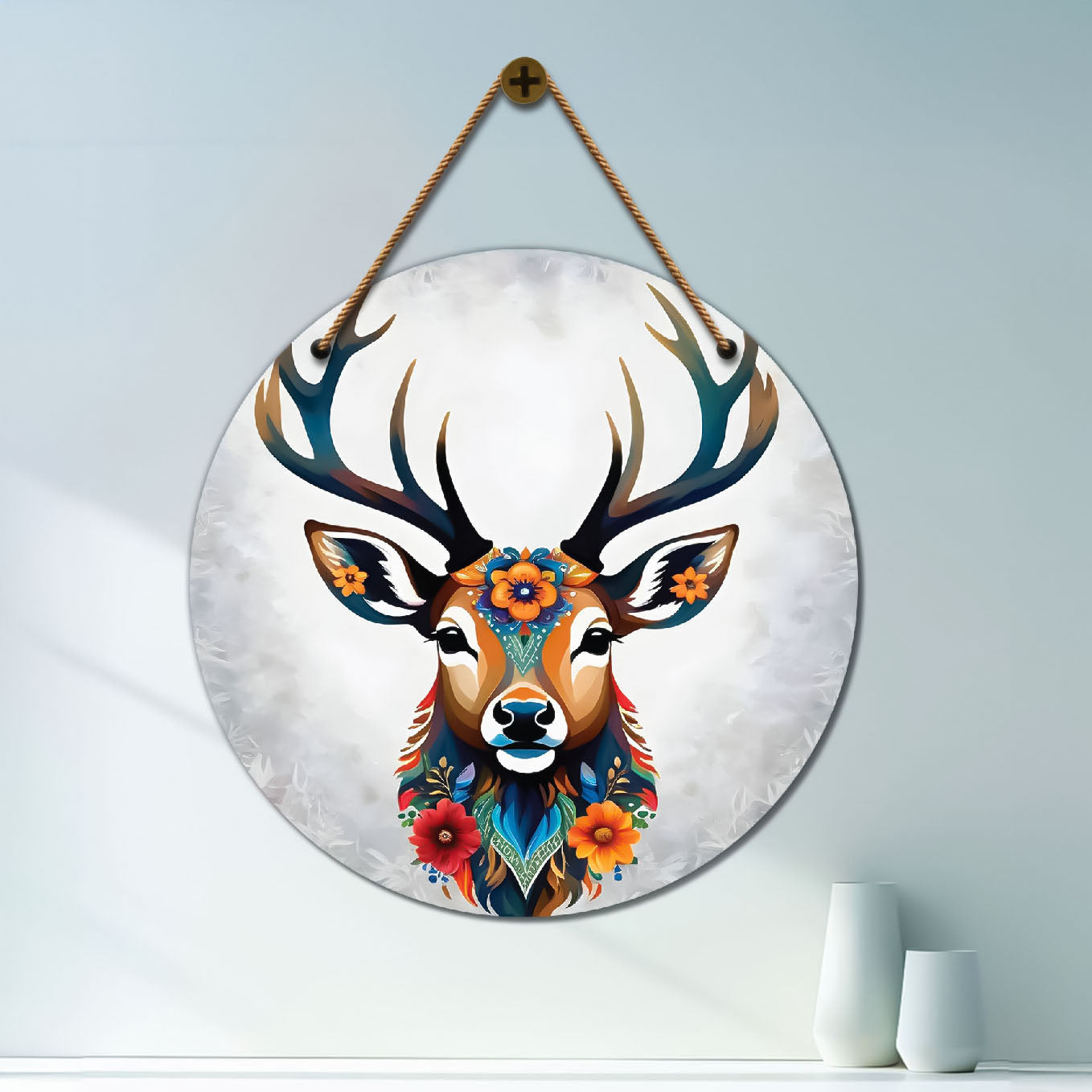 Deer in white and floral mandala Round Wooden Wall Hanging for wall Décor - Design - 320