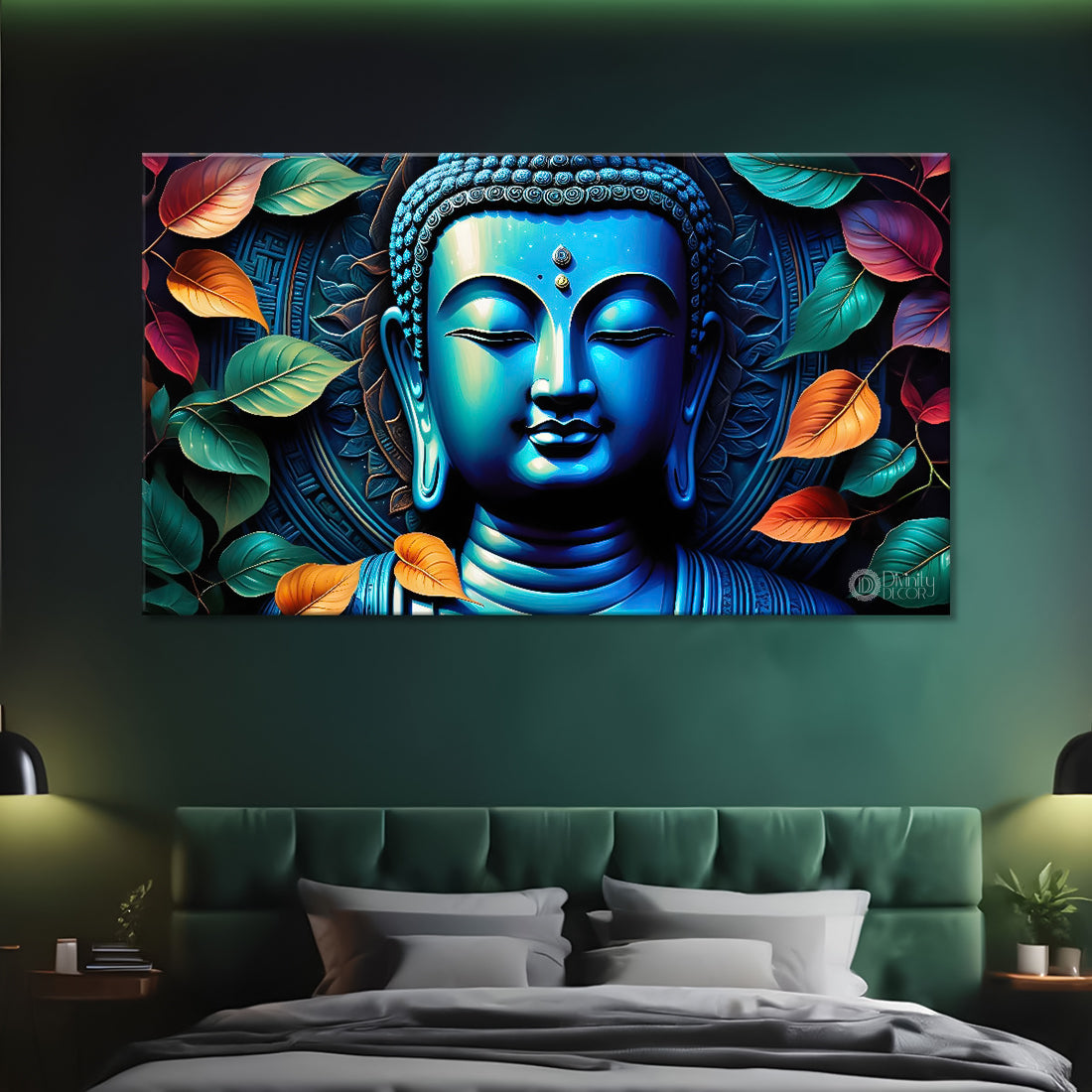 Blue buddha with the blue and leaves background textured painting Canvas Wall Painting - Buddha-321
