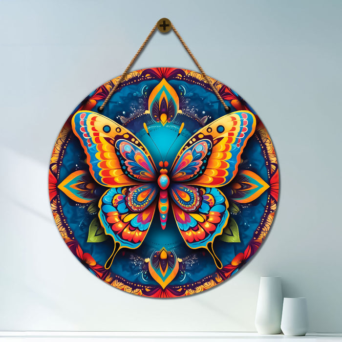 Butterfly in blue and floral mandala Round Wooden Wall Hanging for wall Décor - Design - 321