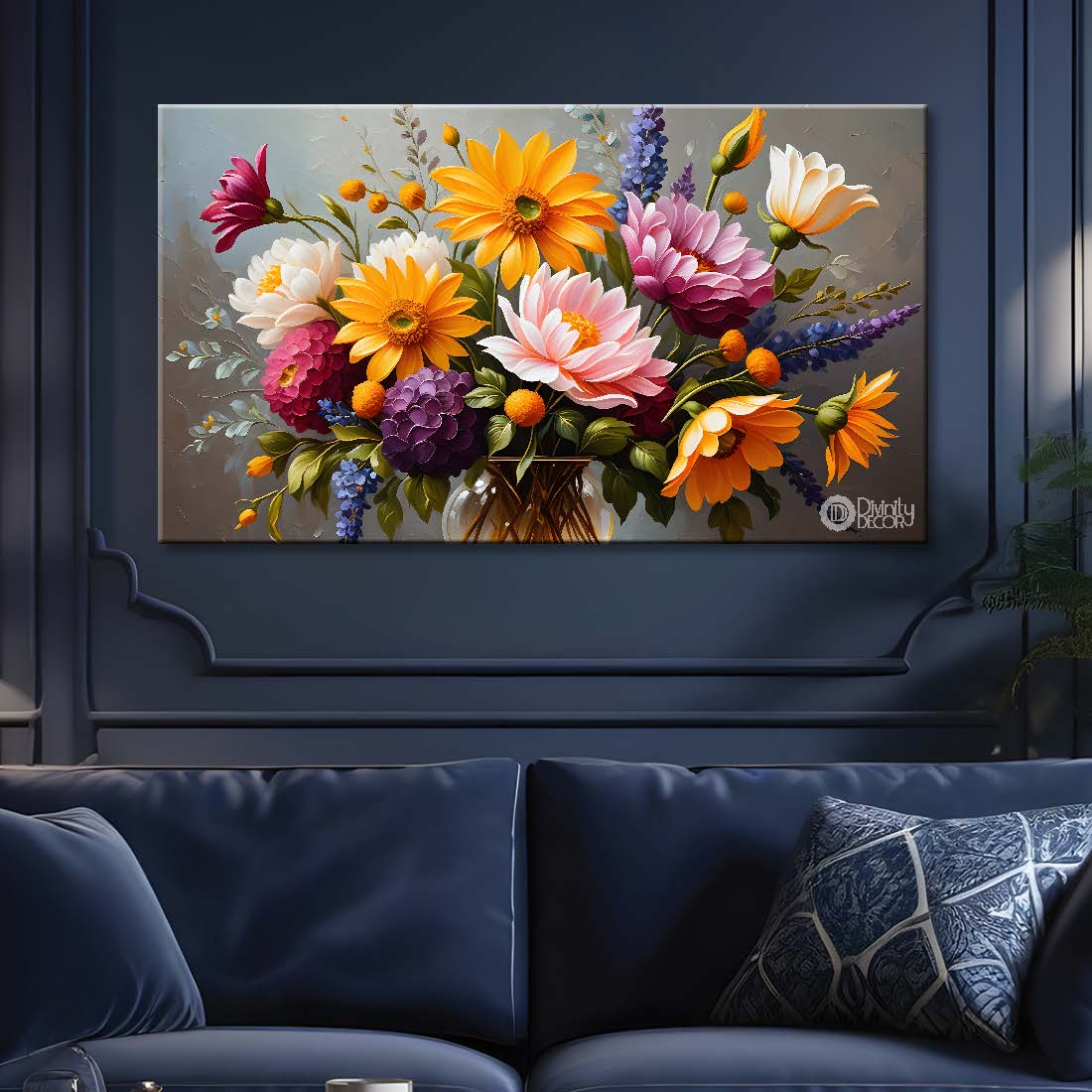 Colorful flowers in grey background canvas painting- Flower-321