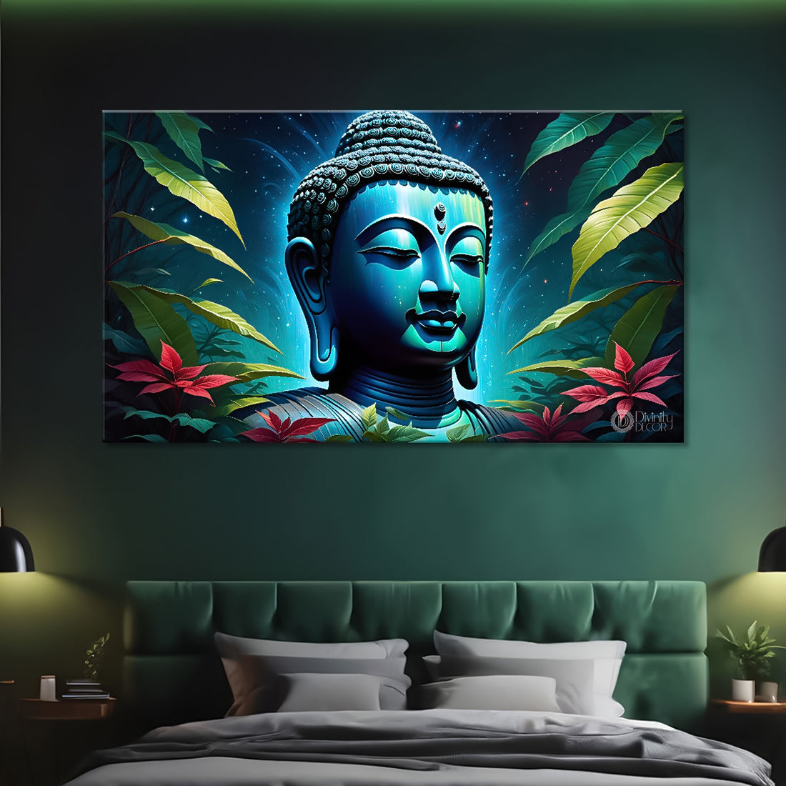 Blue buddha with the blue and leaves background textured painting Canvas Wall Painting - Buddha-322
