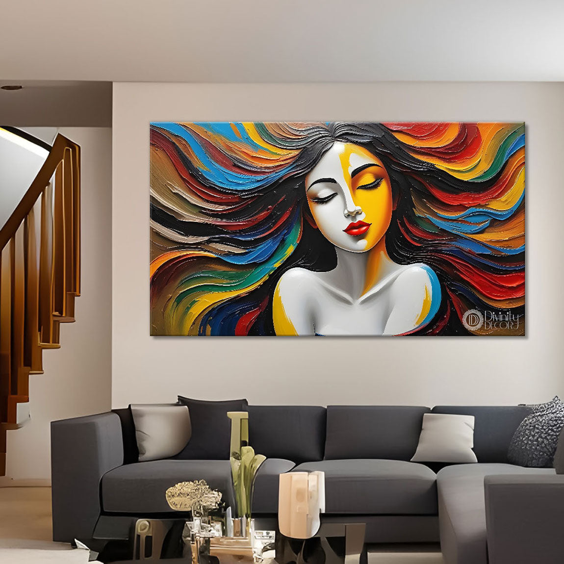 Beautiful woman with colorful background modern art Canvas Painting - Design - Modern-L-322