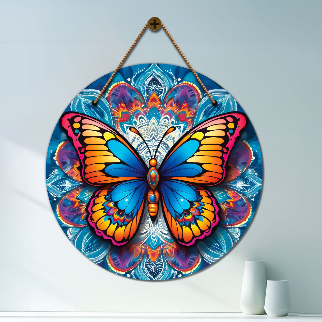 Butterfly in blue and floral mandala Round Wooden Wall Hanging for wall Décor - Design - 322