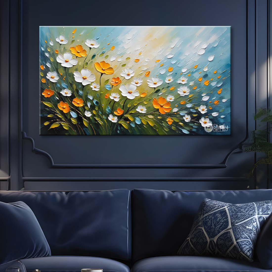 White and yellow flowers in blue background canvas painting- Flower-322