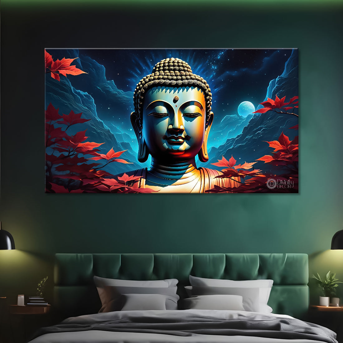 Blue buddha with the blue and leaves background textured painting Canvas Wall Painting - Buddha-323