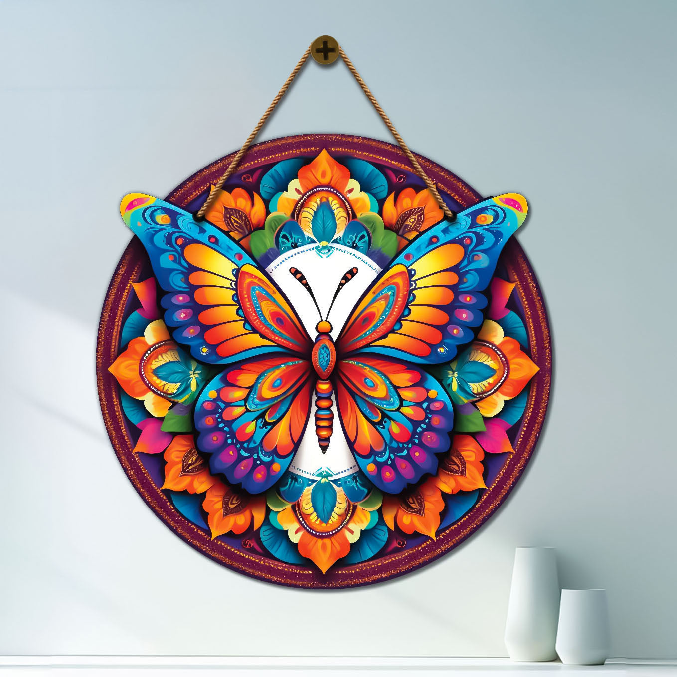Butterfly in blue and floral mandala Round Wooden Wall Hanging for wall Décor - Design - 323