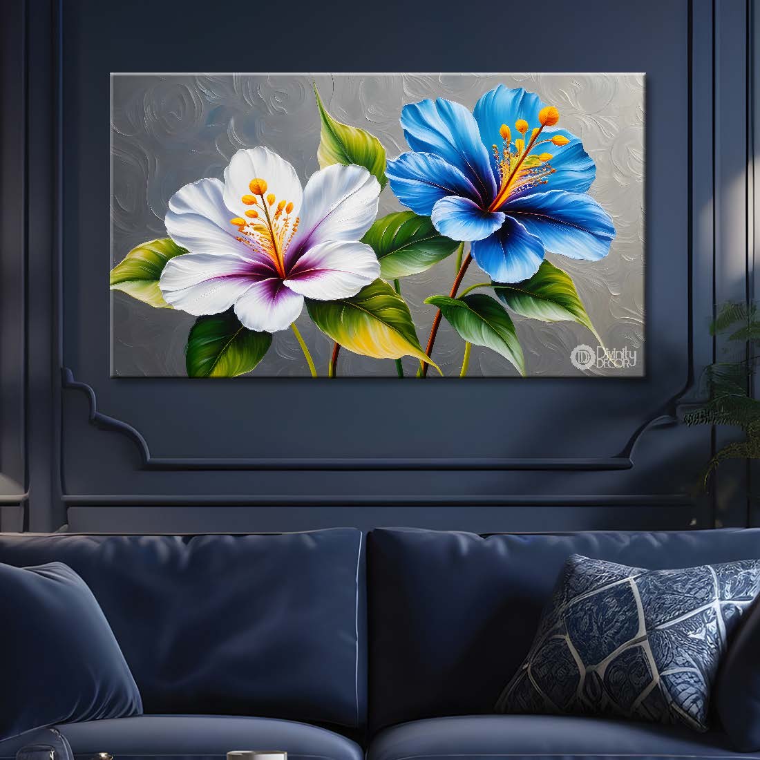 White and blue flowers in grey background canvas painting- Flower-323