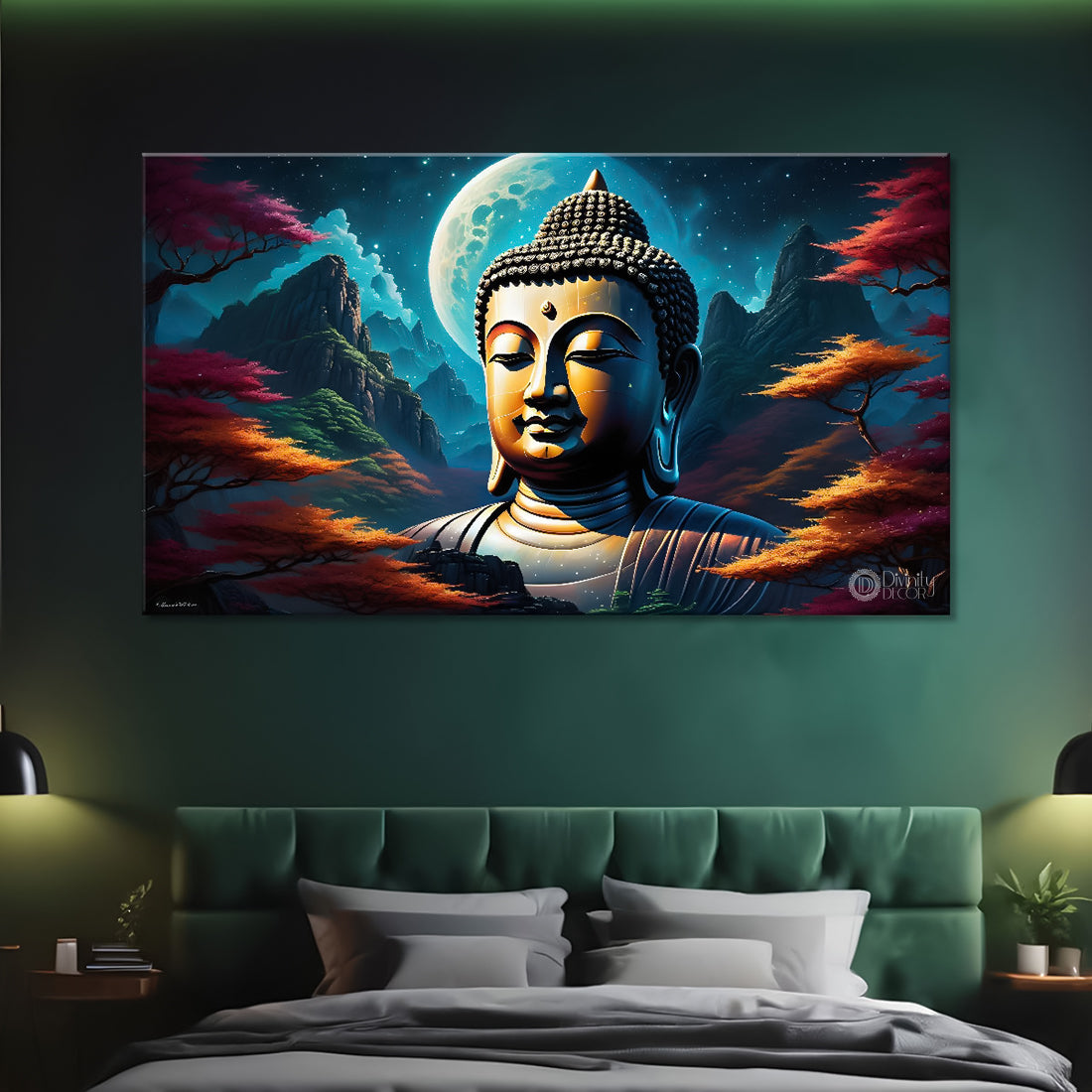 Blue buddha with the tree and blue background textured painting Canvas Wall Painting - Buddha-324
