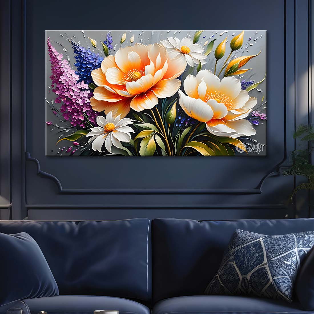 White flowers in grey background canvas painting- Flower-324
