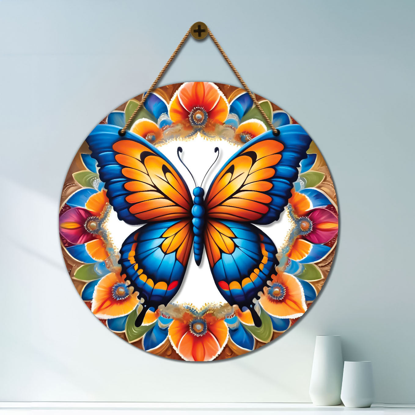 Butterfly in blue and floral mandala Round Wooden Wall Hanging for wall Décor - Design - 324