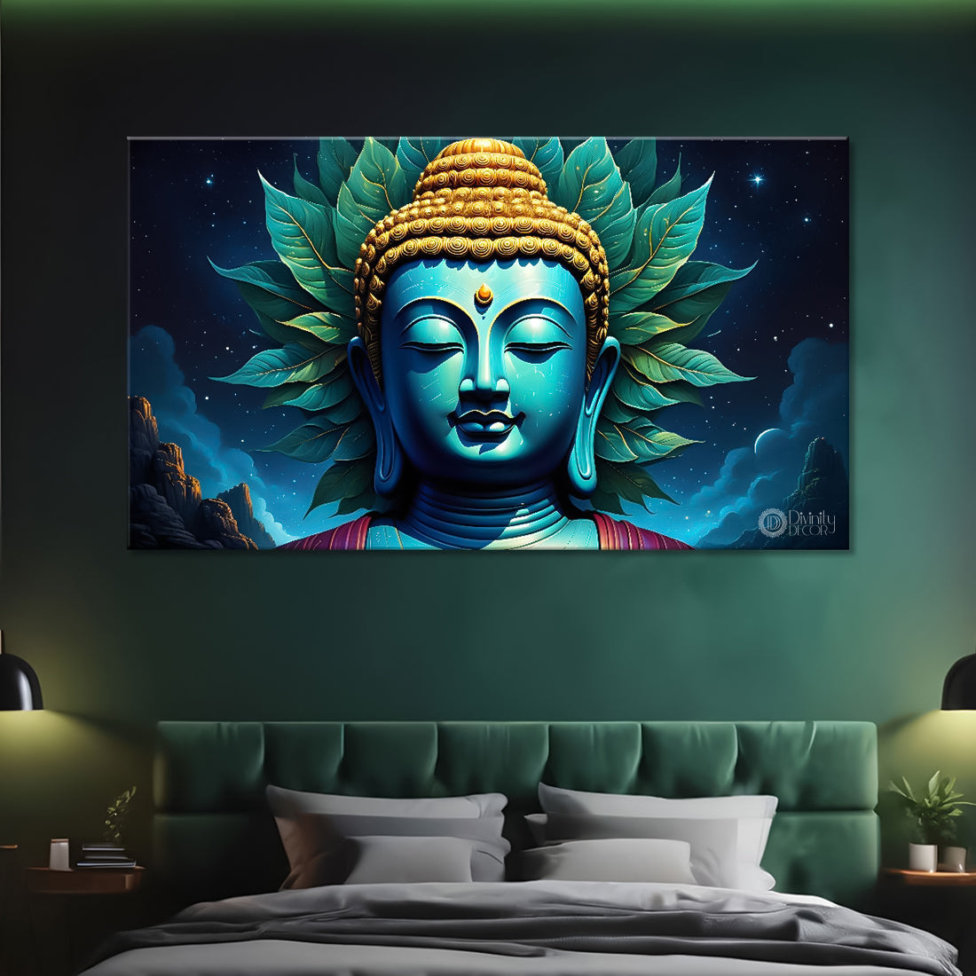 Blue buddha with the blue and leaves background textured painting Canvas Wall Painting - Buddha-325