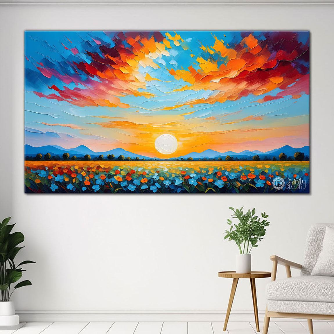 Mountains with flowers and sunset painting Canvas Painting - Nature Art -325