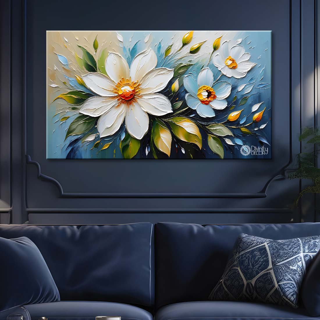 White flowers in blue background canvas painting- Flower-325