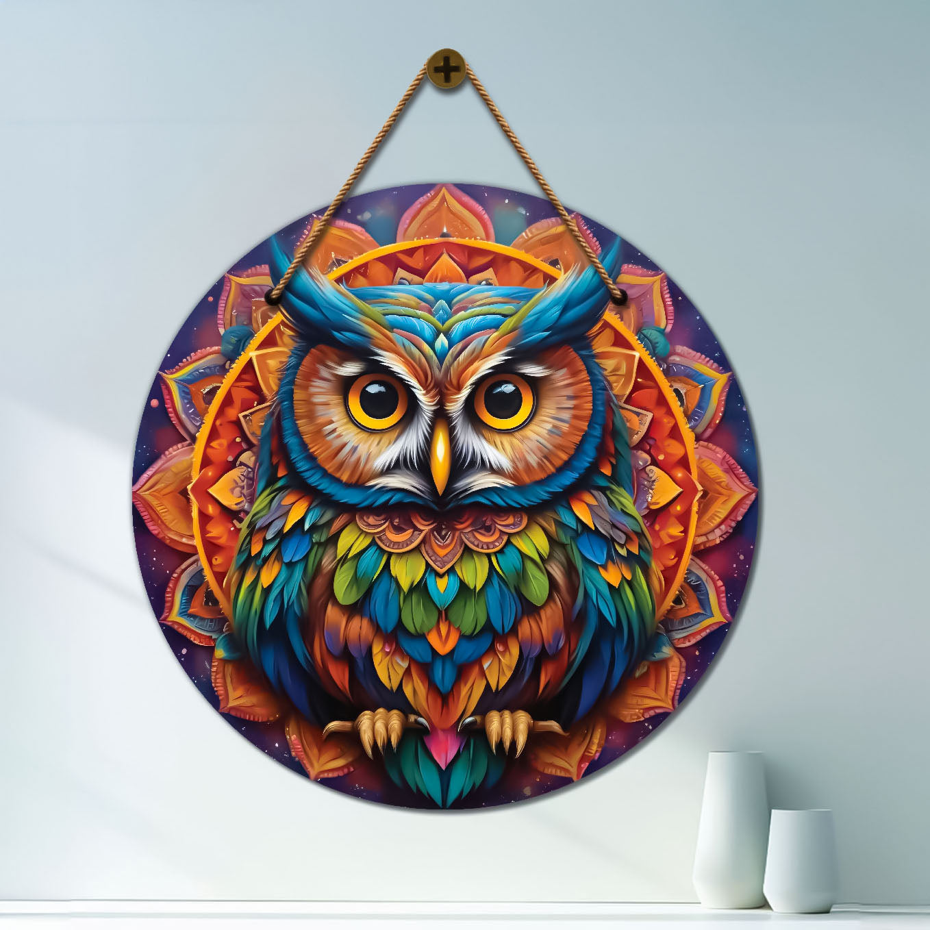 Owl in blue and orange mandala Round Wooden Wall Hanging for wall Décor - Design - 325