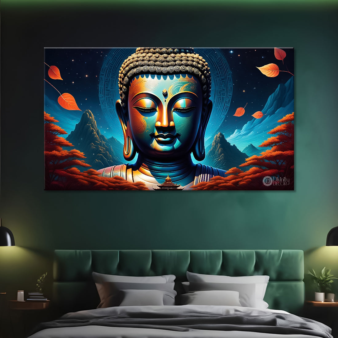 Blue buddha with the blue mountains and trees background textured painting Canvas Wall Painting - Buddha-326