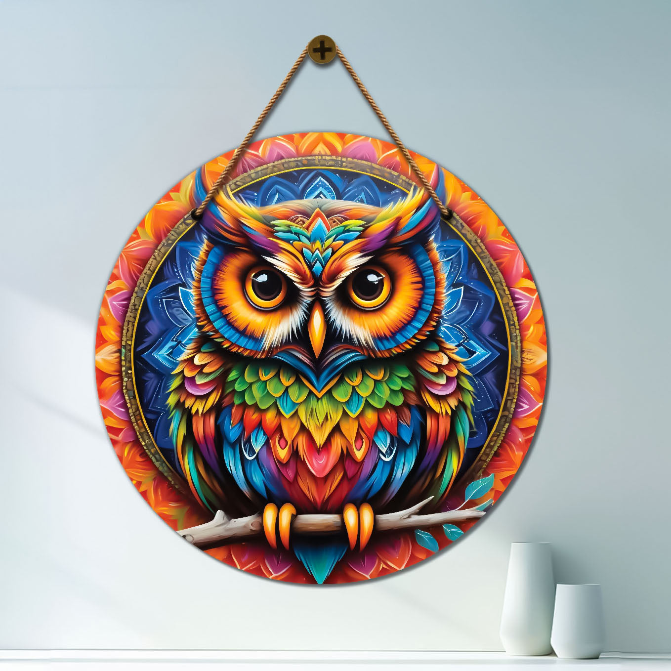 Owl in blue and orange mandala Round Wooden Wall Hanging for wall Décor - Design - 326