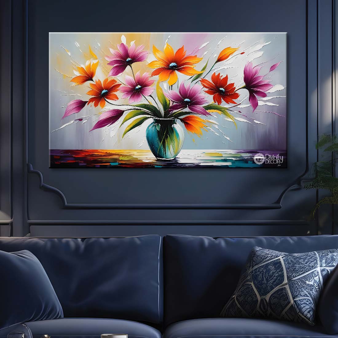 Purple and orange flowers in a vas with grey background canvas painting- Flower-326