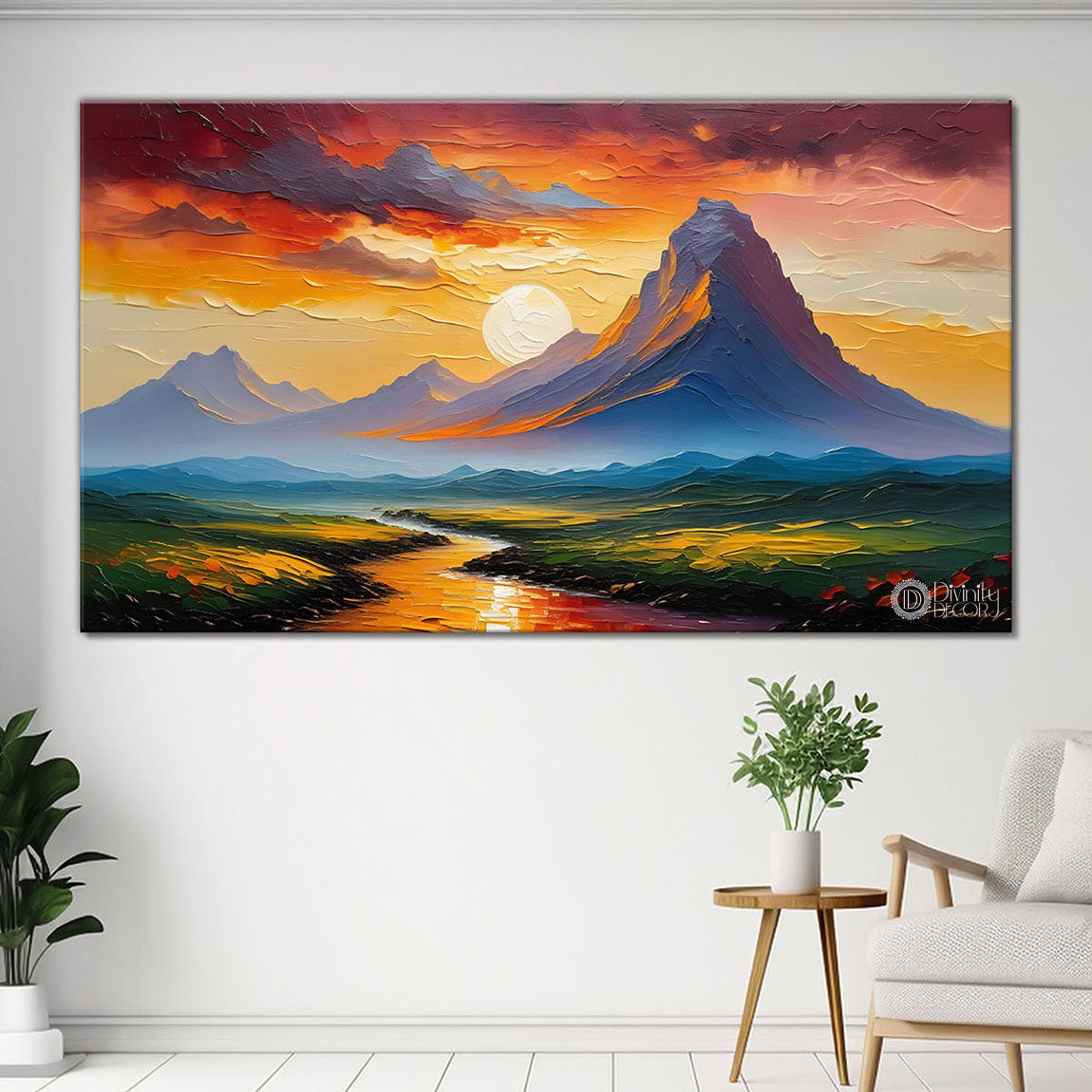 Mountains with sunset and river painting Canvas Painting - Nature Art -326