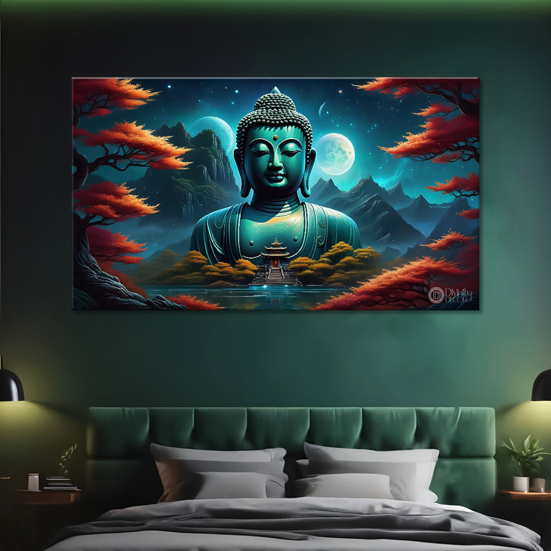 Blue buddha with the blue mountains and trees background textured painting Canvas Wall Painting - Buddha-327