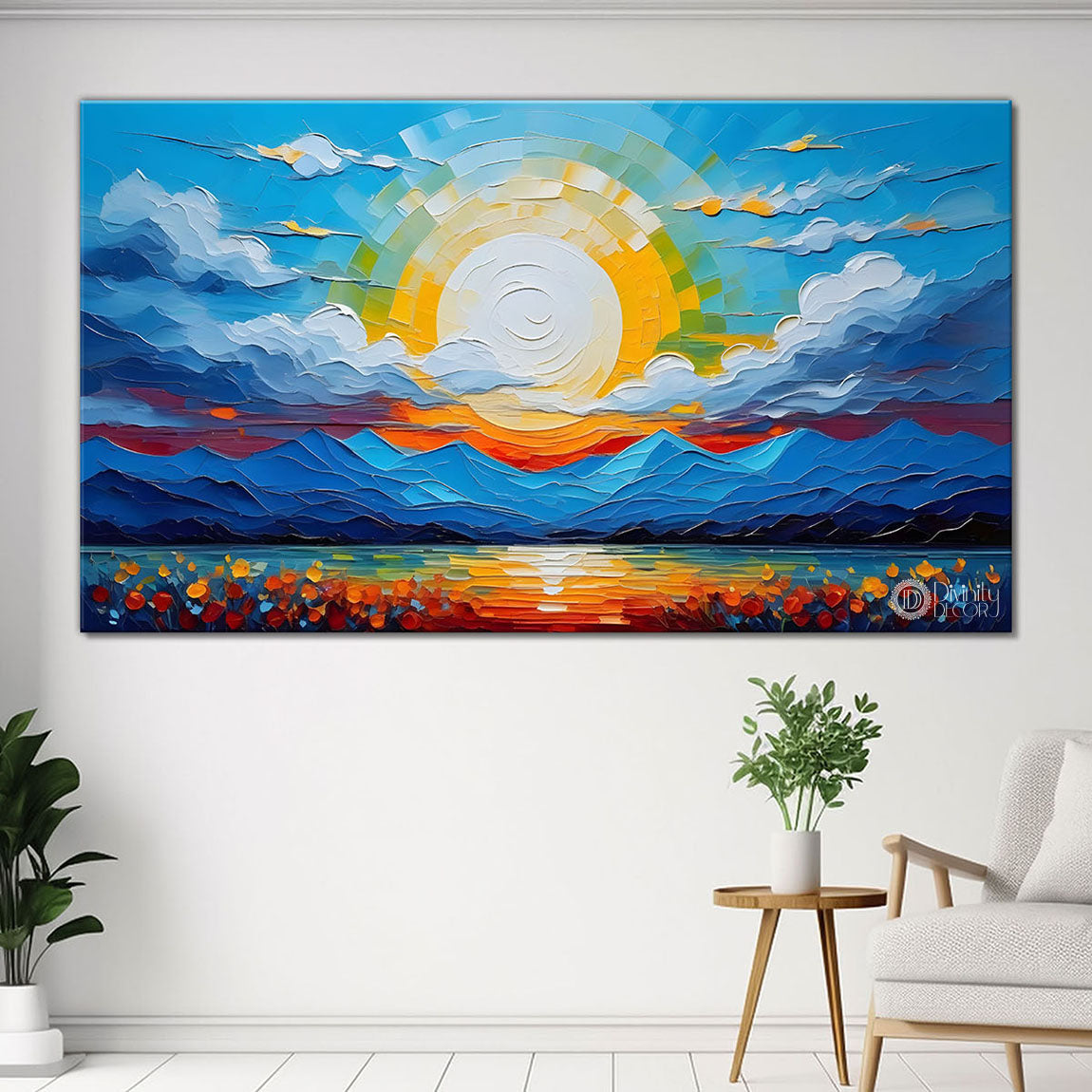 Mountains with flowers and sunset painting Canvas Painting - Nature Art -327