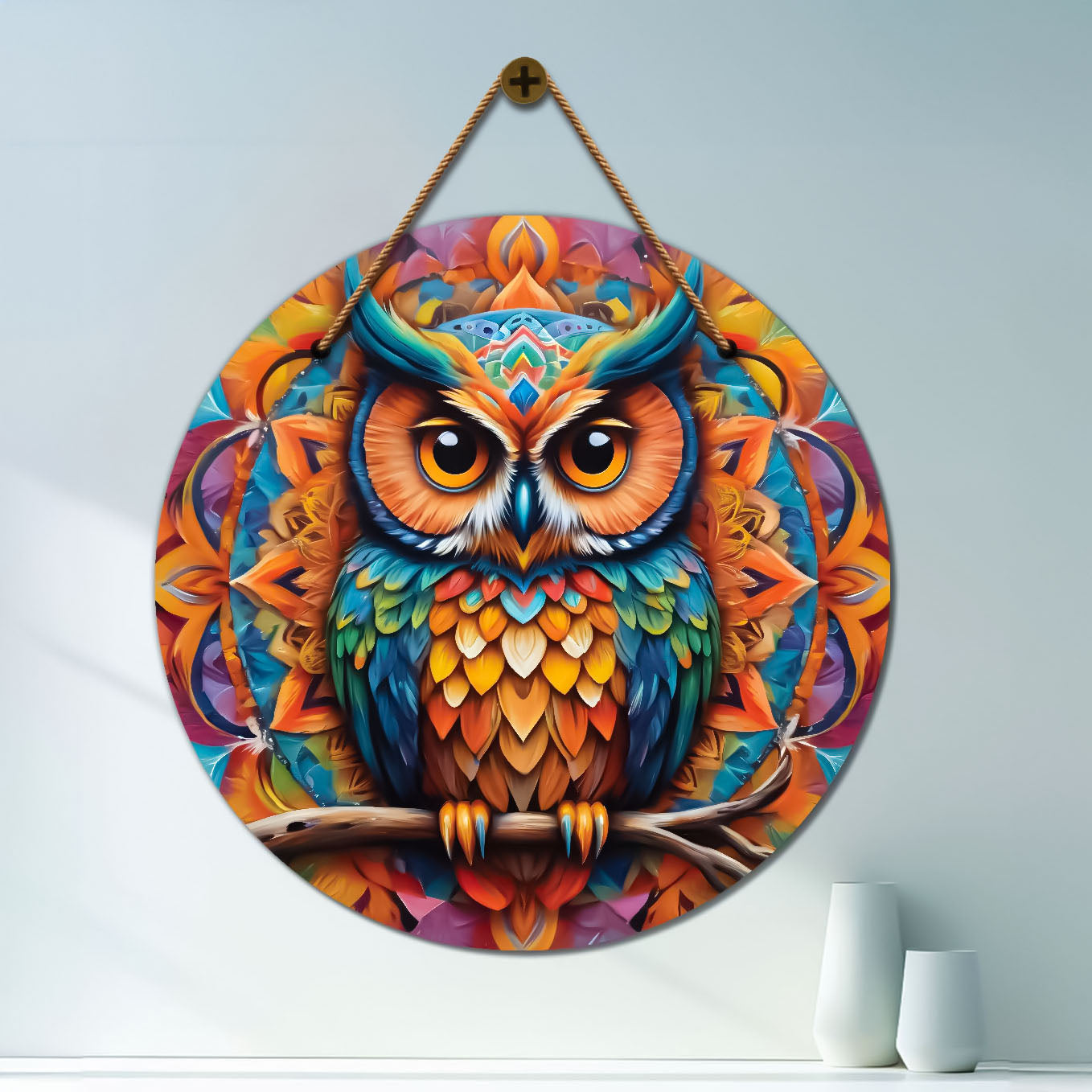 Owl in blue and orange mandala Round Wooden Wall Hanging for wall Décor - Design - 327