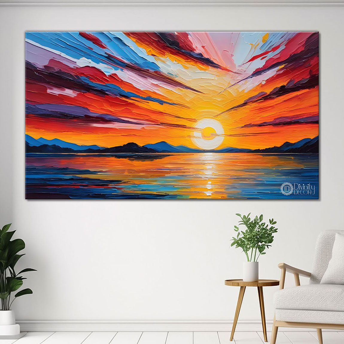 Mountains with sunset and river painting Canvas Painting - Nature Art -328