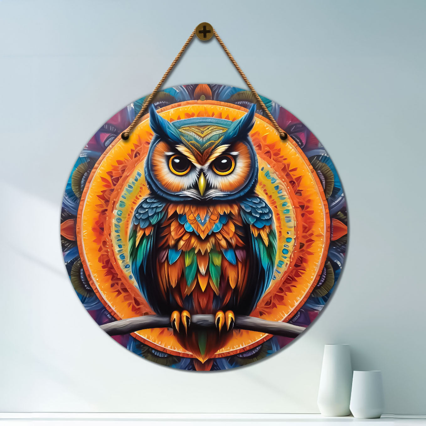 Owl in blue and orange mandala Round Wooden Wall Hanging for wall Décor - Design - 328