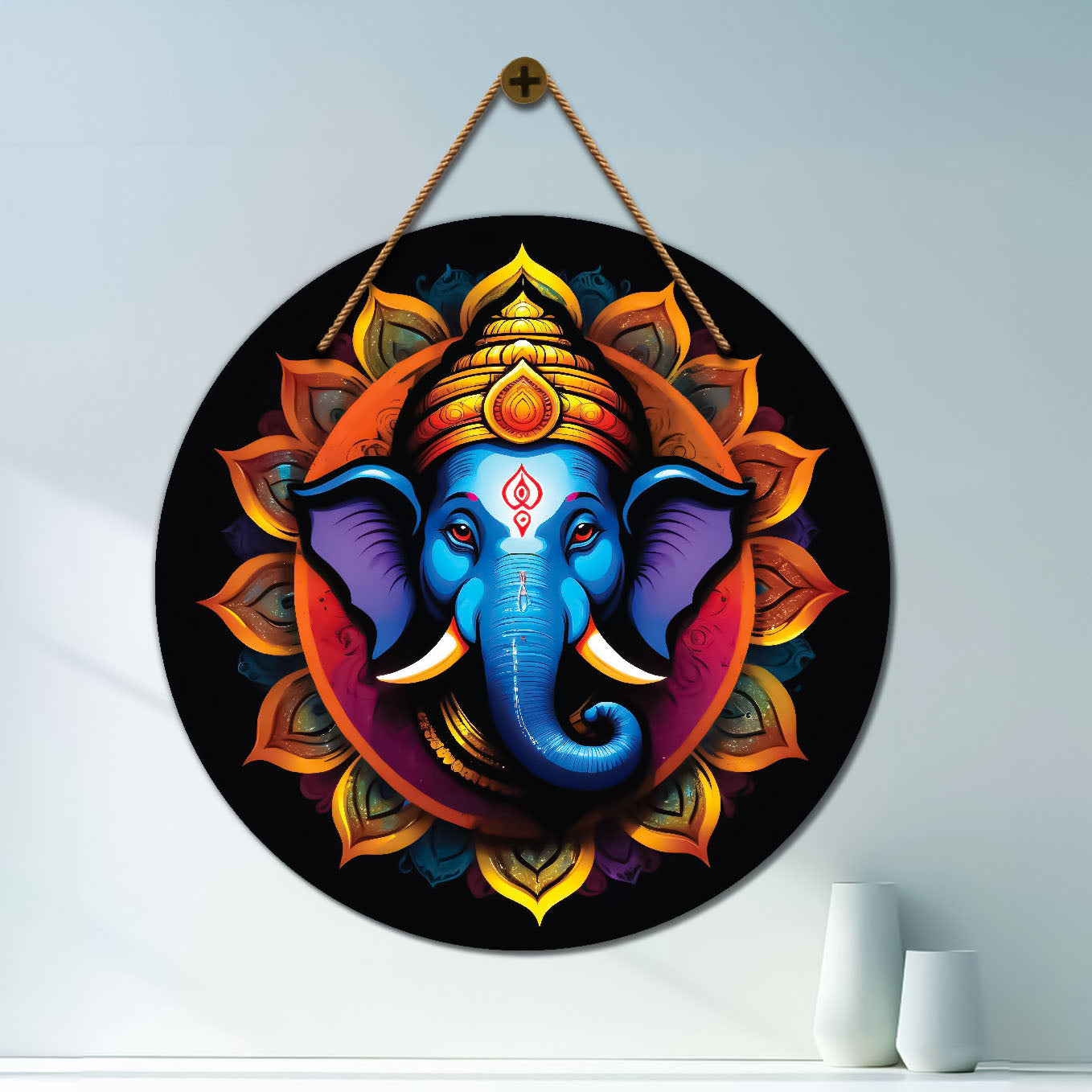 Elephant in blue and yellow mandala Round Wooden Wall Hanging for wall Décor - Design - 329