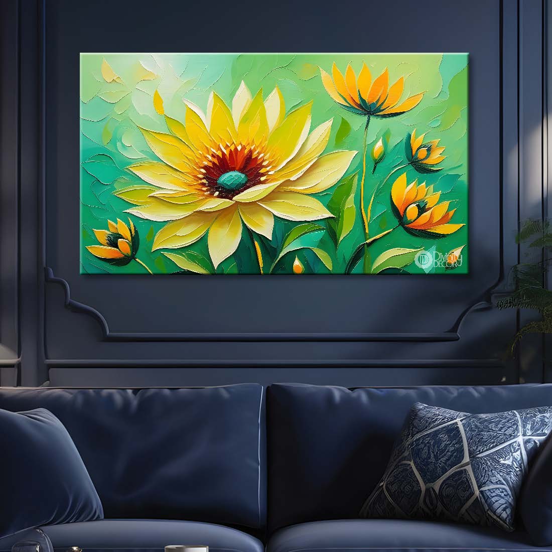 Yellow flowers in green background canvas painting- Flower-329