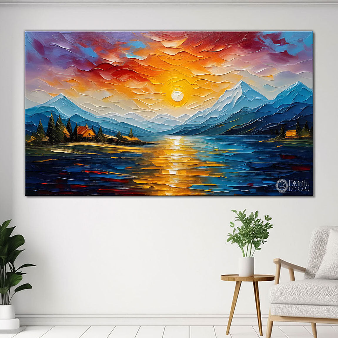Mountains with flowers and sunset painting Canvas Painting - Nature Art -329