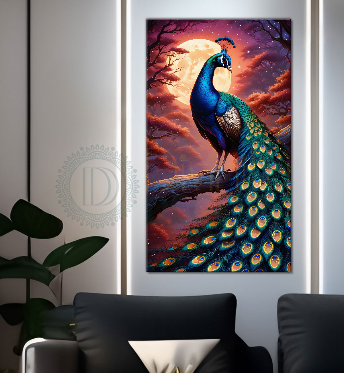 Peacock on branch in front of moon with sunset background modern art painting - Design - Peacock-V-32