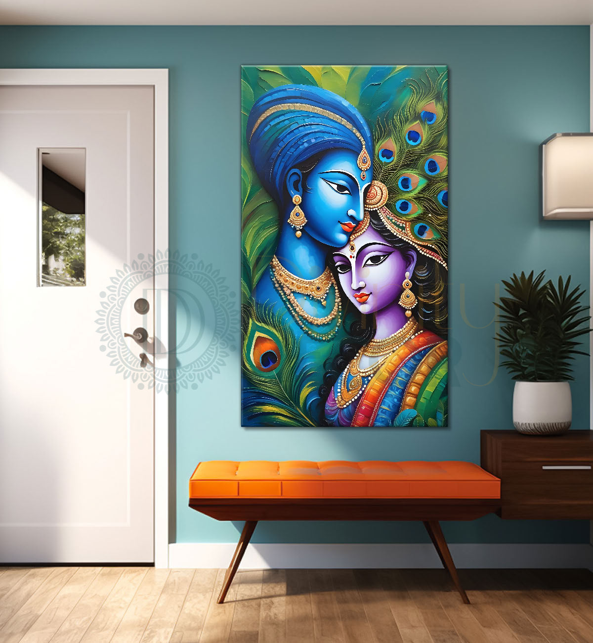 Blue face of krishna with radha in peacock feathers background textured art Canvas Painting - Design - Krishna-V-32